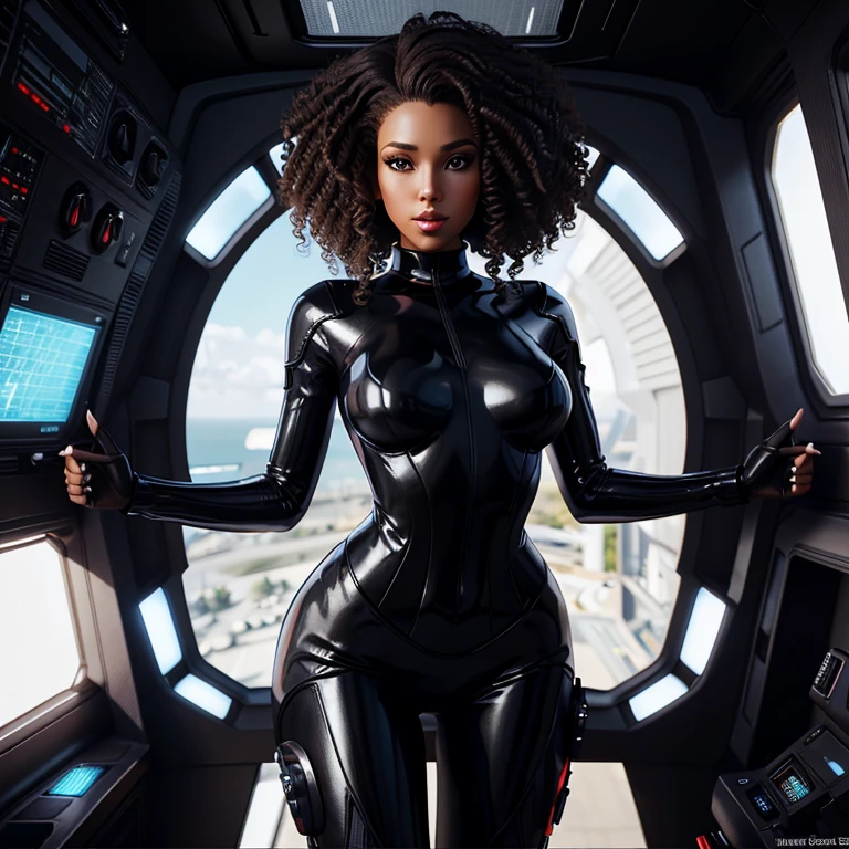 a woman pin up sexy posing on a space ship in a futuristic suit , beautiful countess, 3d render of, goth cybersuit, black leather costume, 3d female character model, sci fi leather clothing, sci fi futuristic costume, sci fi female character, fashionable futuristic woman, daz3d iray shaders, leather scifi armor, brown hair, curly haired, ebony, mediun curly brown hair, mediun wild black curly hair, black curly hair, fair curly hair, mediun curly hair, ((medium brown puffy curly hair)), curly afro, slender symmetrical body, mediun dark curly hair, curly dark hair