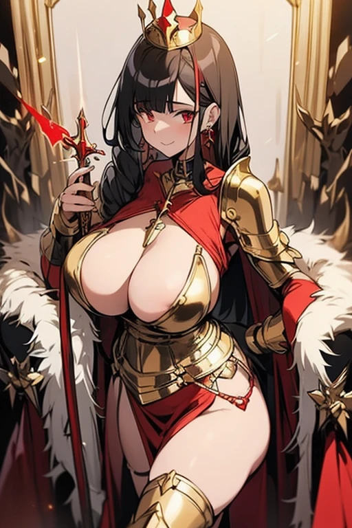 1woman, long sword, plate armor, black hair, drill hair, red eye, long dress, armored dress, (boobplate), muscular thighs, thick thighs, huge , gigantic breasts, long breasts, wide hip, big ass, mini crown on head, breast plate, skindantation, decorative armor, breasts apart, thighs boots, gold trim armor, red cape, long hair, red lips, makeup, holding scepter, scepter of the cross, plump, front view, open stance, muscular, shiny skin, red gem earrings, queen, thighband, gold cross, bangs, metallic,