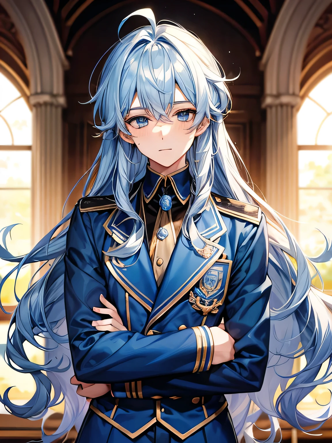 Light blue long hair，Curly hair，Ahoge，Handsome，18-year-old，uniform，student，Beautiful boy