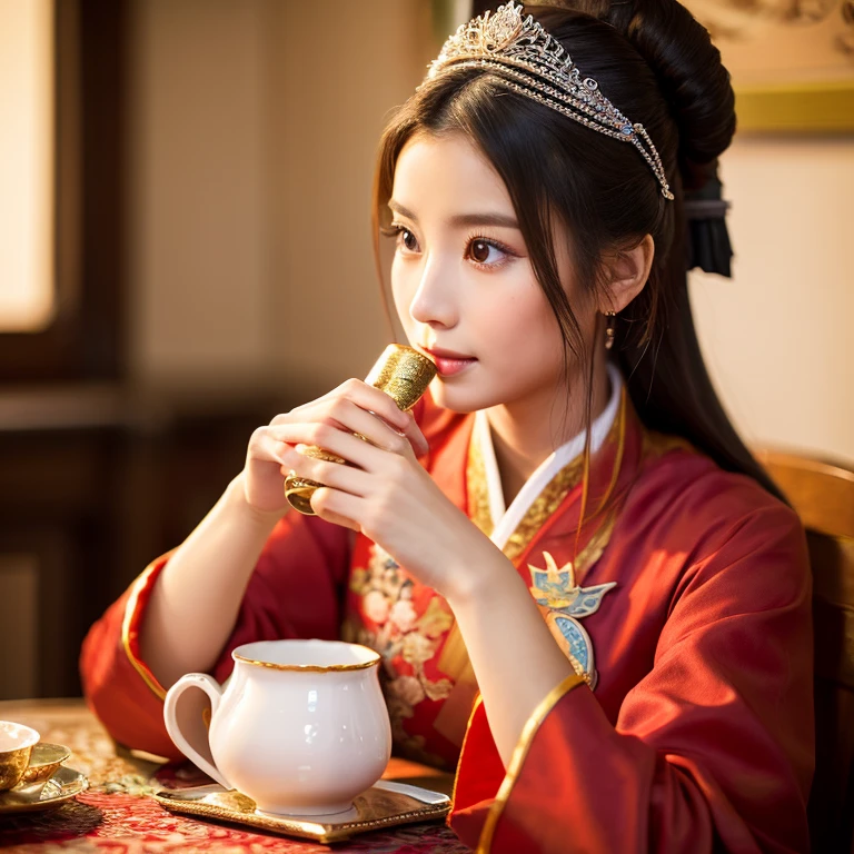 Close-up of a woman sitting at the table drinking a cup of tea, palace ， Girl wearing Hanfu, A young woman plays, beautiful oriental woman, Chinese woman, Chinese Girl, Chinese Princess, an Asian woman, a young Asian woman, ancient chinese princess, Asian woman, wearing chinese clothes, Traditional Beauty, Young Asian Girl