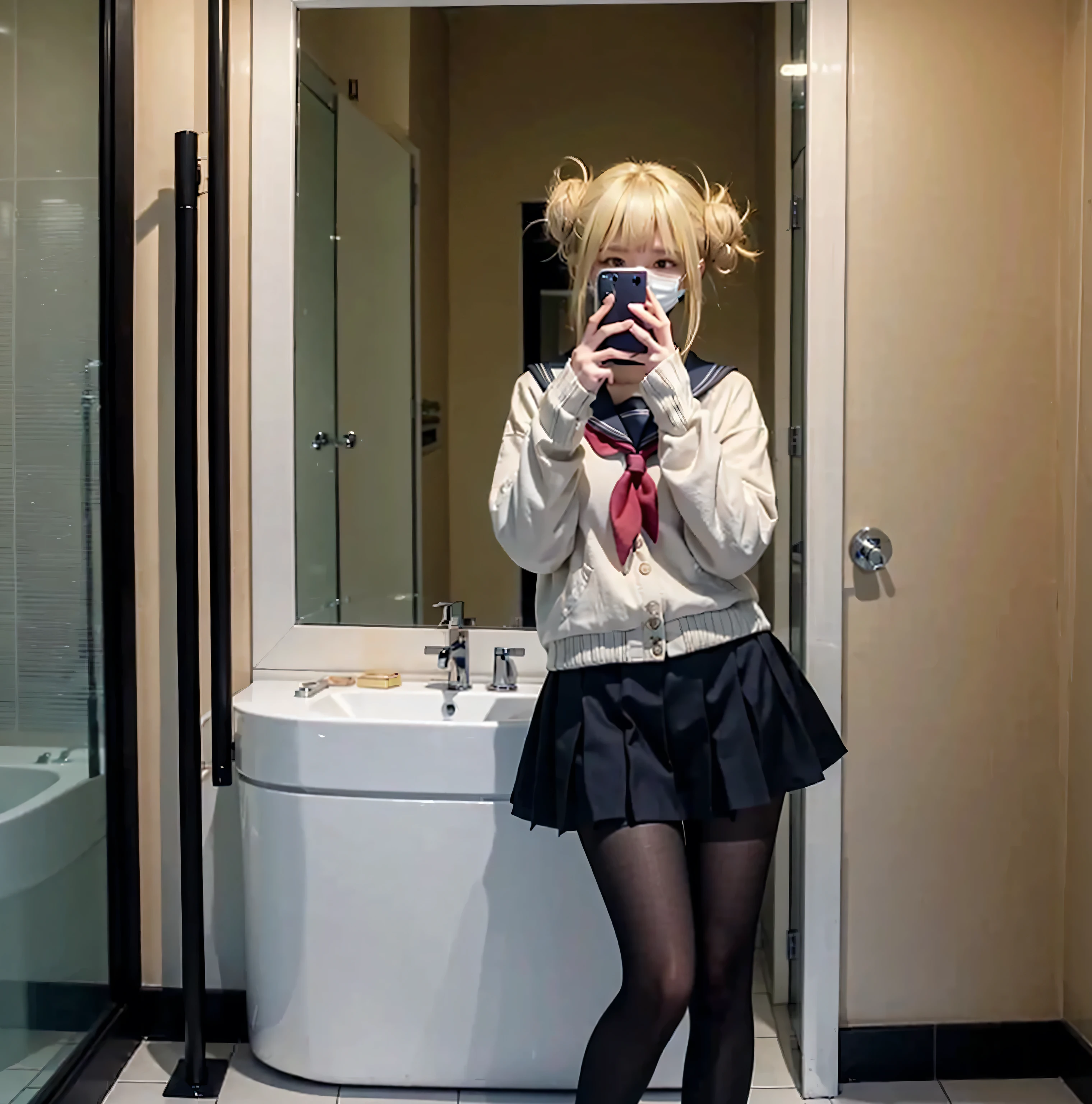 A girl taking a selfie in the bathroom, bathroom, cute, himiko toga, anime, beautiful, ultra realistic, mobile phone, low quality, blonde hair, perfect anatomy, perfect proportions, public bathroom, mirror selfie, covering face with phone, sailor clothes, black skirt, black pantyhose, wearing mask