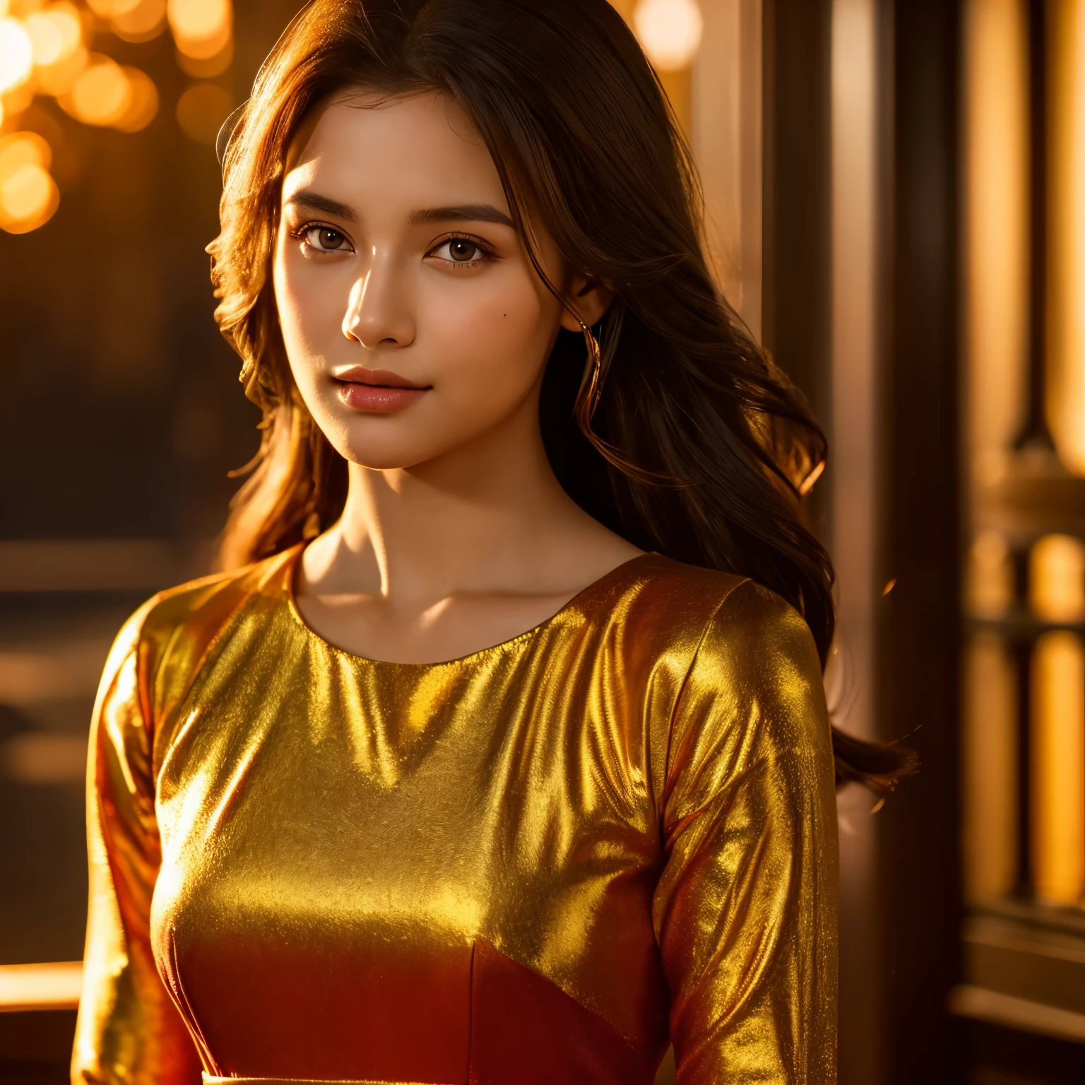 extremely beautiful young lady, subtle makeup, golden hour, photorealistic, high contrast, 8k HD, detailed, hyper-detailed, realistic skin texture, long dark hair, best quality, ultra high res, raw photo, dramatic lighting, unreal engine, red dress full sleeves