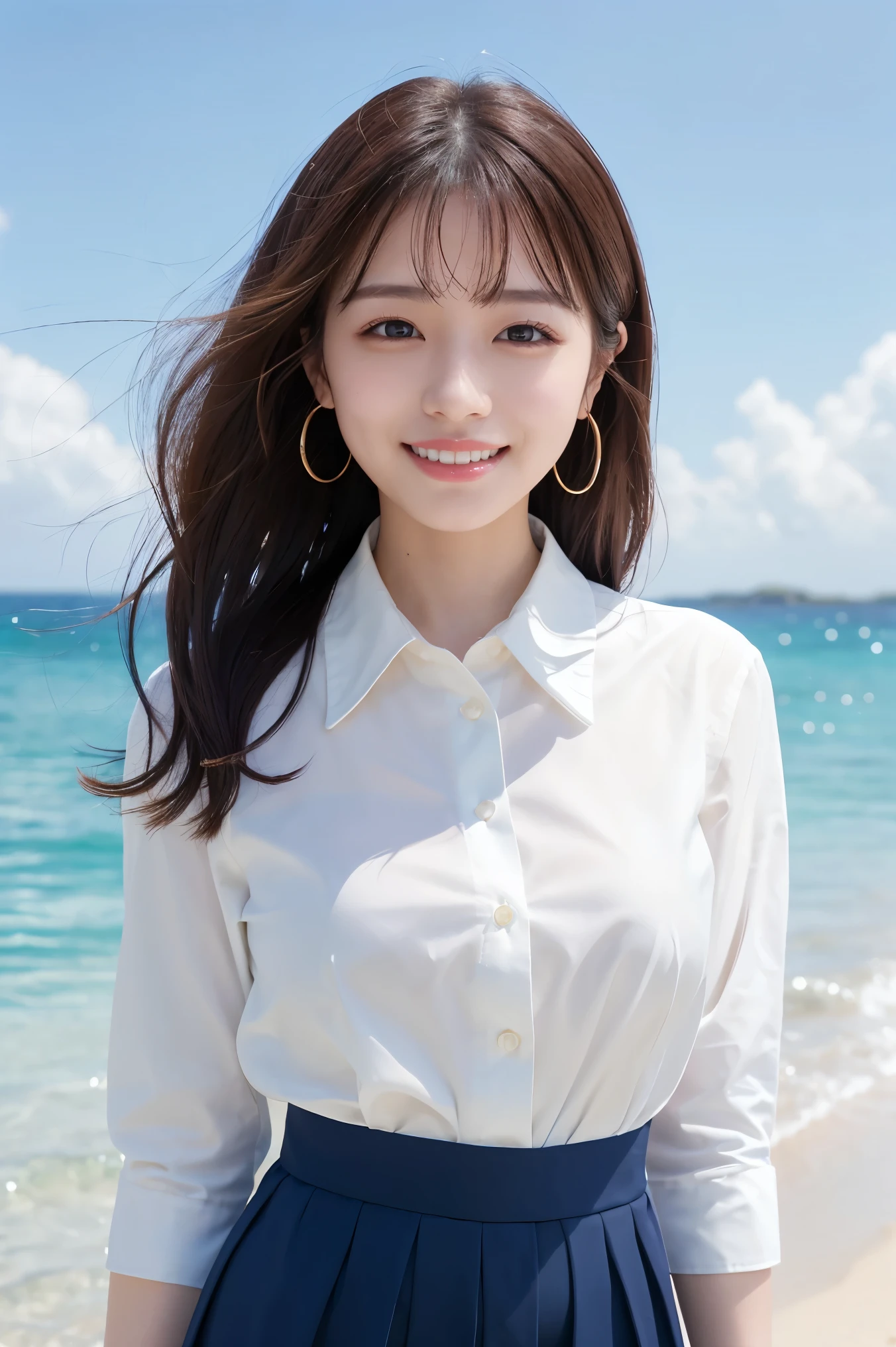 A woman in a white shirt and blue skirt standing on a beach - SeaArt AI