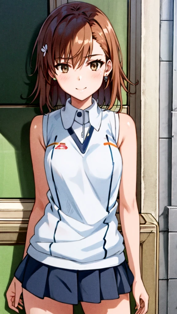 Misaka_mikoto, 1 persons, solo,​masterpiece、top-quality、a closed mouth、ighly detailed,Three-dimensional feeling、full-body view、a park、 super precision、[[In high-quality anime、Misaka has cute light brown hair and brown eyes.:1.15]],(cowboy  shot:1.4)、(Uniforms:1.4)、earrings、Neck_bow ribbon、outside of house、Sunnyday、smile detailed、blue-sky、Light Brown Sleeveless Cardigan、grey miniskirt、I took off my uniform、White swimsuit、sexy