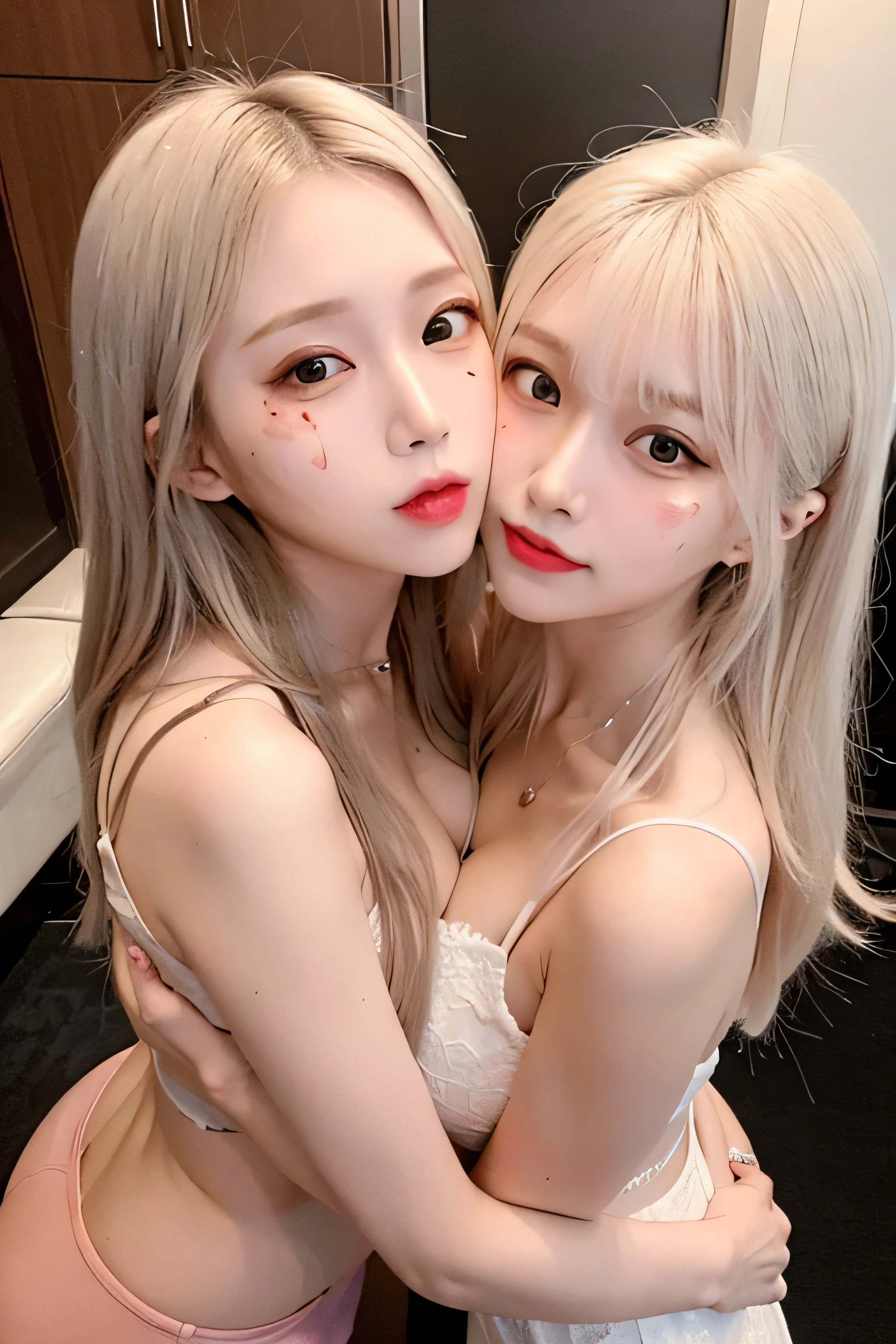 ((blank background)),(((Two girls))),(One is a 22-year-old Korean KPOP idol,blonde short hair.),(One is an 24 year-old Japanese long-haired gravure idol,plump figure.),(Face stained:1.3),(Huge Breasts),Back hug,cheeks and cheeks,((They all look at the audience.)),small areola,open your mouth,Narrow your eyes,kiss,from above,(((Their eyes are full of provocation))),The two are lovers,Beautiful eyes reflect light,Hair reflects light and sparkles,photo shoot