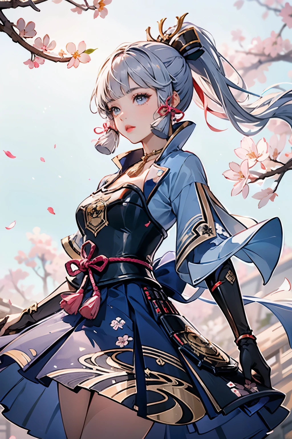 masterpiece, highest quality, ((kamisato ayaka_Genshin Impact)),((1girl,long hair,blue hair,ponytail,hair ribbon, hair ornament,mole under eye, blue eyes,breastplate,armor, short sleeves,japanese clothes,blue skirt, tassel,gloves, arm guards,))Ample breasts:1.9、[cherry blossomsに手を伸ばす:1.2],((Fantastic background、whirlwind、cherry blossoms)),Dancing、Close-up image
