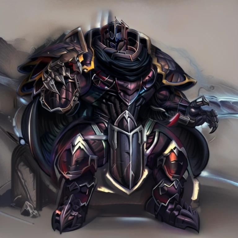 (masterpiece, best quality, detailed:1.2) (Pokémon) ZERAORA, detailed full body, a knight's mechanical armor, glowing wide and heavy armor, wears full body armor. massive muscles, huge pecs, chiseled abs, huge pectorals, exaggeratedly huge muscles. wearing a cloak. unusually developed muscular body big muscle, pecs, triceps, traps, waist narrow, unusually developed muscular body, Dark knight, BlackKnight_fe, The claws are sharp, Sharp teeth, He wears a black cloak on his back. sitting on the throne,
