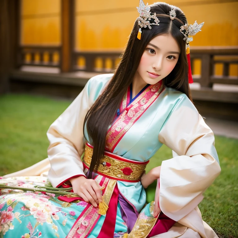Close-up of a woman sitting and beating her legs , Girl wearing Hanfu, A young woman plays, beautiful oriental woman, Chinese woman, Chinese Girl, Chinese Princess, an Asian woman, a young Asian woman, ancient chinese princess, Asian woman, wearing chinese clothes, Traditional Beauty, Young Asian Girl