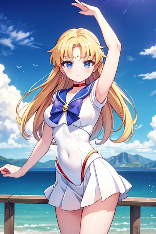 Une femme, 25 ans, cheveux longs, blond hairs, rousse, beaucoup de Détails, dans un volcan, sailor moon cosplay, 