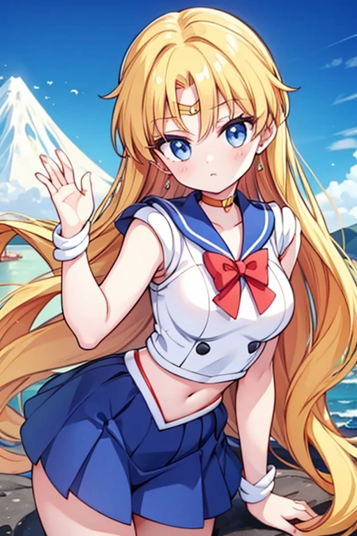 Une femme, 25 ans, cheveux longs, blond hairs, rousse, beaucoup de Détails, dans un volcan, sailor moon cosplay, 