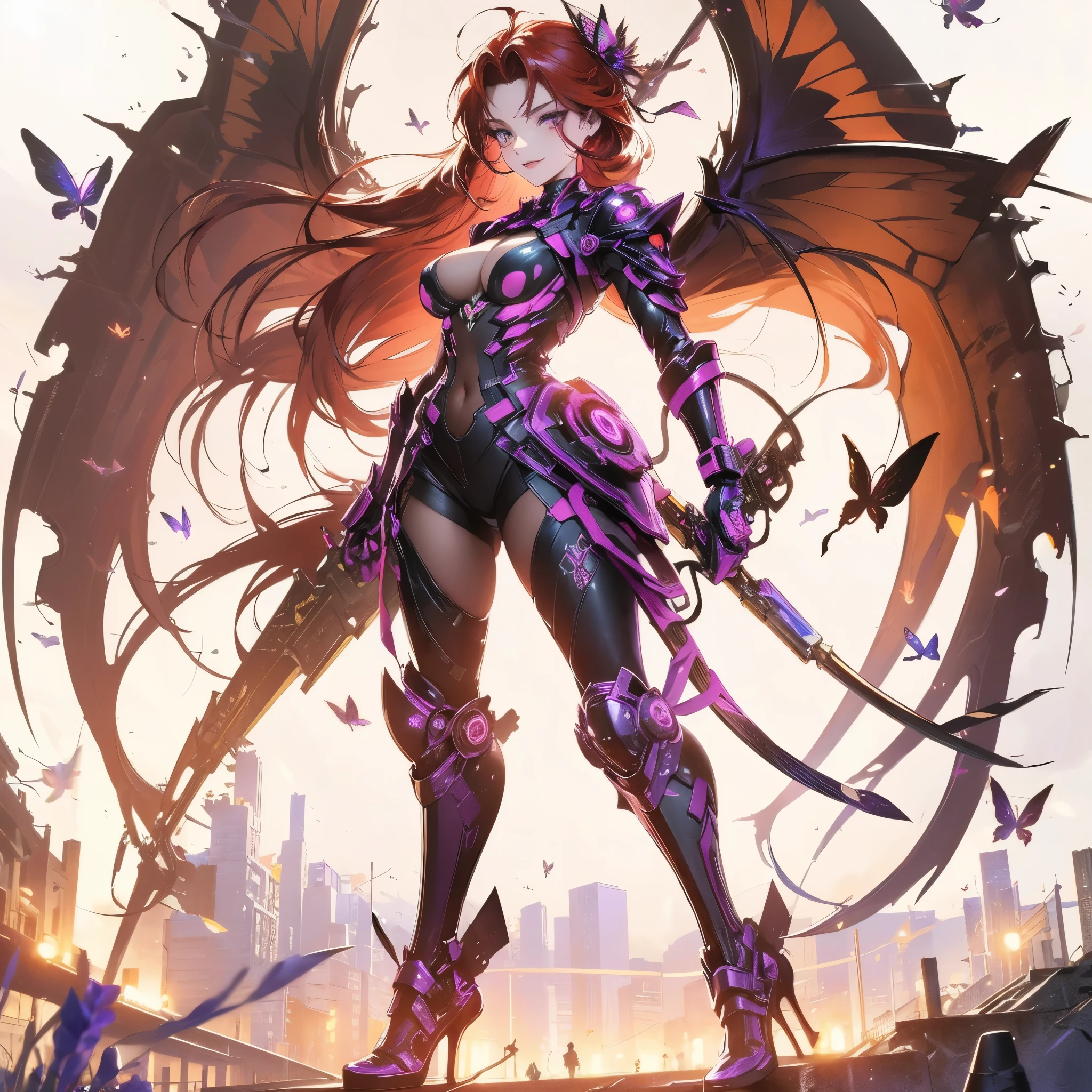  gorgeous woman,purple butterfly dark angel,red hair,cyberpunk hairstyles,confident smile,ultra-detailed,sharp focus, [purple gold and dark  neon butterfly armor colors], cyberpunk lighting, butterfly wings,neon lights, cityscape,smoky atmosphere,  tattoos, wings, garden, roses, night 
