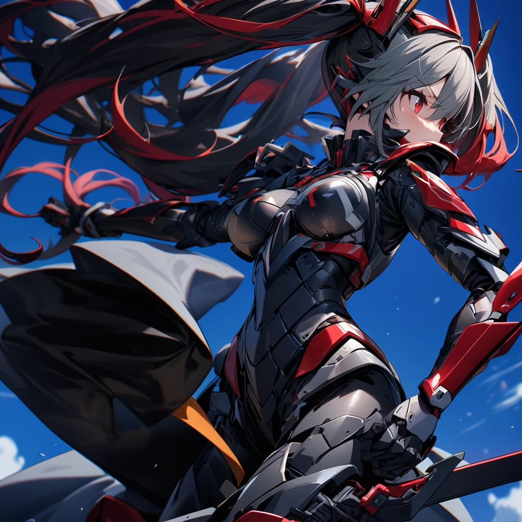 High quality, high definition, hig
h precision images,8k 1 Girl Robot Girl、urban camouflage hair,Twin tails,Red eyes、 ,( urban camouflage clothing Hold it with one hand),,He's wearing flashy robot armor.Holding a urban camouflage long sword,、Blue sky.Flying in the sky,Figure moving at high speed side view,shot from a distance
protector for face and head,show the whole body
