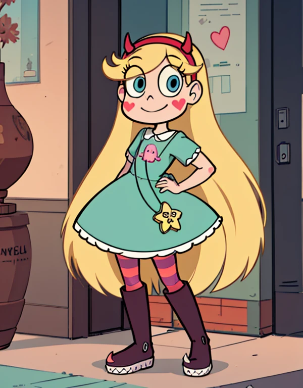 starbutterfly, 1girl, blonde hair, horned headwear, hairband, long hair, solo, heart, blue eyes, facial mark, very long hair,teal dress,striped pantyhose,boots,   , blush stickers,looking at viewer, smile,   