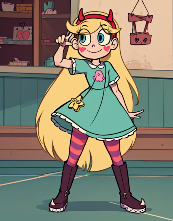 starbutterfly, 1girl, blonde hair, horned headwear, hairband, long hair, solo, heart, blue eyes, facial mark, very long hair,teal dress,striped pantyhose,boots,   , blush stickers,looking at viewer, smile,   