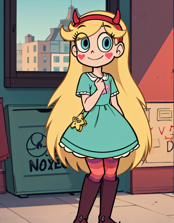 starbutterfly, 1girl, blonde hair, horned headwear, hairband, long hair, solo, heart, blue eyes, facial mark, very long hair,teal dress,striped pantyhose,boots,   , blush stickers,looking at viewer, smile,   