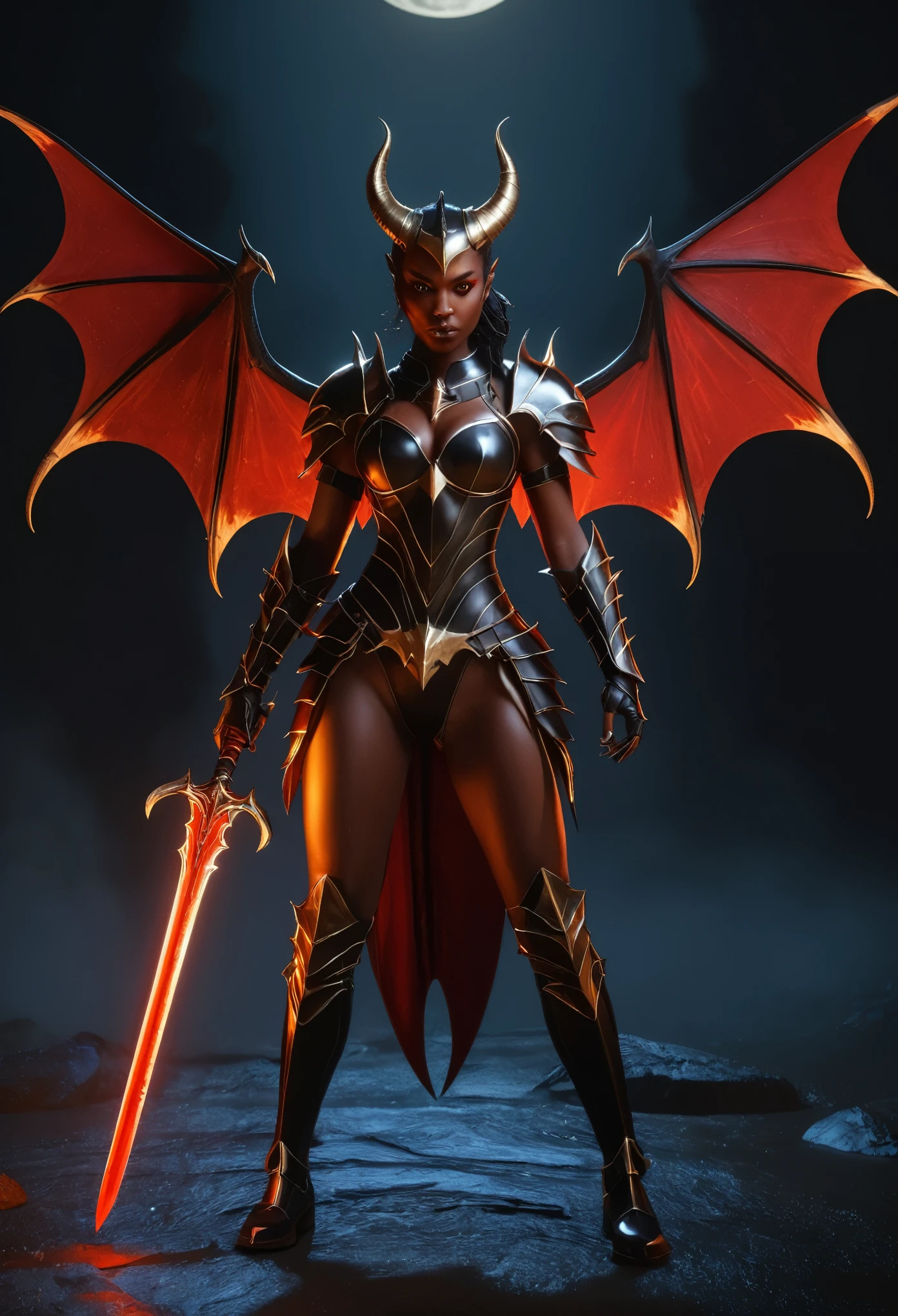 devil,wing,\(Conceptual design\),Half of the organism is made of magma material,Smooth transition,(glowing),lim light,masterpiece,best details,8K,Sharp focus,ray tracing,A female demon with bat wings and sharp claws, holding two daggers, stands in front of the moonlight. She has dark skin, red eyes, and horns on her head, wearing black armor surrounded by darkness. Her posture is strong with a full body shot in the style of a game illustration. The background is simple with fantasy art style using simple lines and solid color blocks with low saturation colors and soft lighting effects.
