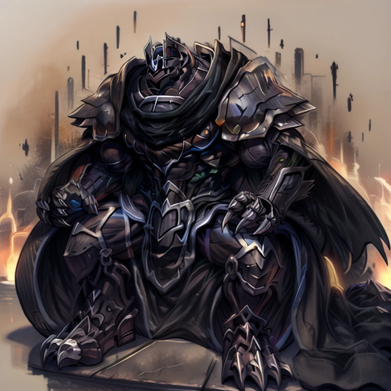 (masterpiece, best quality, detailed:1.2) (Pokémon) ZERAORA, detailed full body, a knight's mechanical armor, glowing wide and heavy armor, wears full body armor. massive muscles, huge pecs, chiseled abs, huge pectorals, exaggeratedly huge muscles. wearing a cloak. unusually developed muscular body big muscle, pecs, triceps, traps, waist narrow, unusually developed muscular body, Dark knight, BlackKnight_fe, The claws are sharp, Sharp teeth, He wears a black cloak on his back. sitting on the throne,