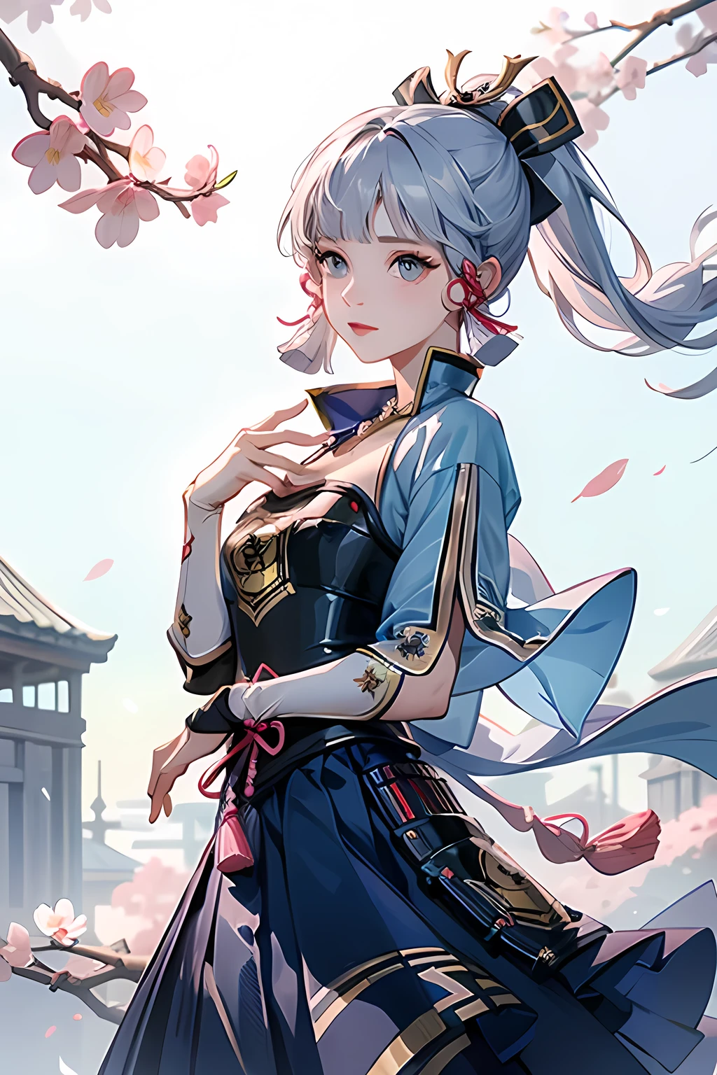 masterpiece, highest quality, ((kamisato ayaka_Genshin Impact)),((1girl,long hair,blue hair,ponytail,hair ribbon, hair ornament,mole under eye, blue eyes,breastplate,armor, short sleeves,japanese clothes,blue skirt, tassel,gloves, arm guards,))Ample breasts:1.9、[cherry blossomsに手を伸ばす:1.2],((Fantastic background、whirlwind、cherry blossoms)),Dancing、Close-up image
