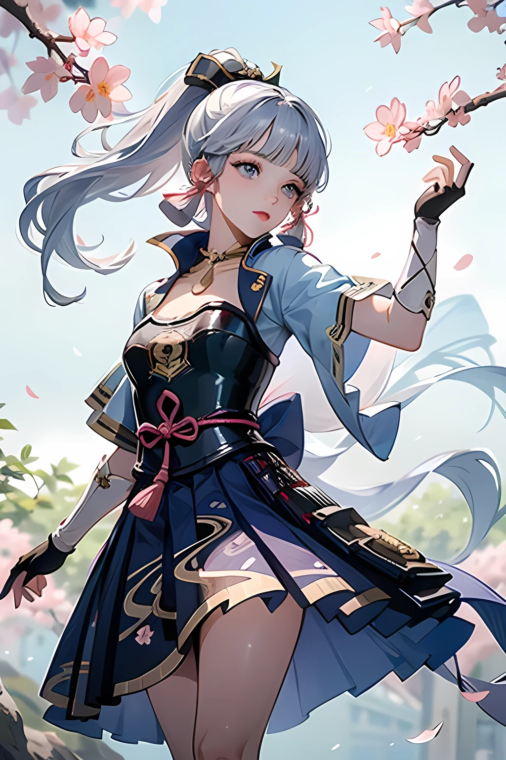 masterpiece, highest quality, ((kamisato ayaka_Genshin Impact)),((1girl,long hair,blue hair,ponytail,hair ribbon, hair ornament,mole under eye, blue eyes,breastplate,armor, short sleeves,japanese clothes,blue skirt, tassel,gloves, arm guards,))Ample breasts:1.9、[cherry blossomsに手を伸ばす:1.2],((Fantastic background、whirlwind、cherry blossoms)),Dancing、Close-up image
