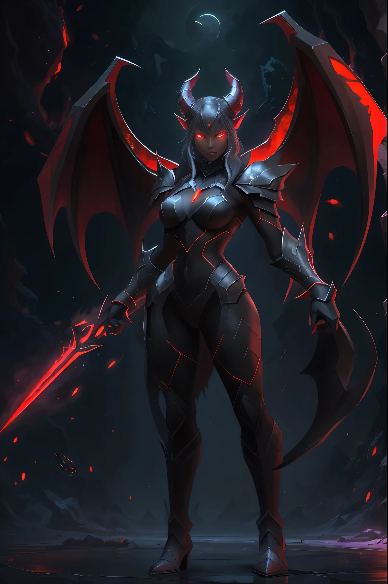 devil,wing,\(Conceptual design\),Half of the organism is made of magma material,Smooth transition,(glowing),lim light,masterpiece,best details,8K,Sharp focus,ray tracing,A female demon with bat wings and sharp claws, holding two daggers, stands in front of the moonlight. She has dark skin, red eyes, and horns on her head, wearing black armor surrounded by darkness. Her posture is strong with a full body shot in the style of a game illustration. The background is simple with fantasy art style using simple lines and solid color blocks with low saturation colors and soft lighting effects.
