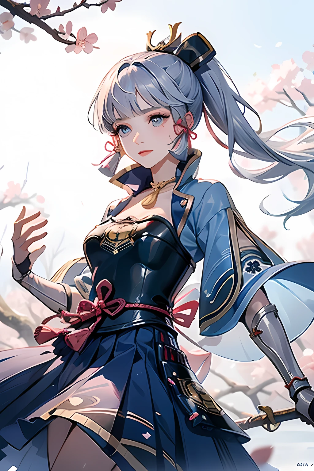 masterpiece, highest quality, ((kamisato ayaka_Genshin Impact)),((1girl,long hair,blue hair,ponytail,hair ribbon, hair ornament,mole under eye, blue eyes,breastplate,armor, short sleeves,japanese clothes,blue skirt, tassel,gloves, arm guards,))Ample breasts:1.9、[cherry blossomsに手を伸ばす:1.2],((Fantastic background、whirlwind、cherry blossoms)),Dancing、Close-up image
