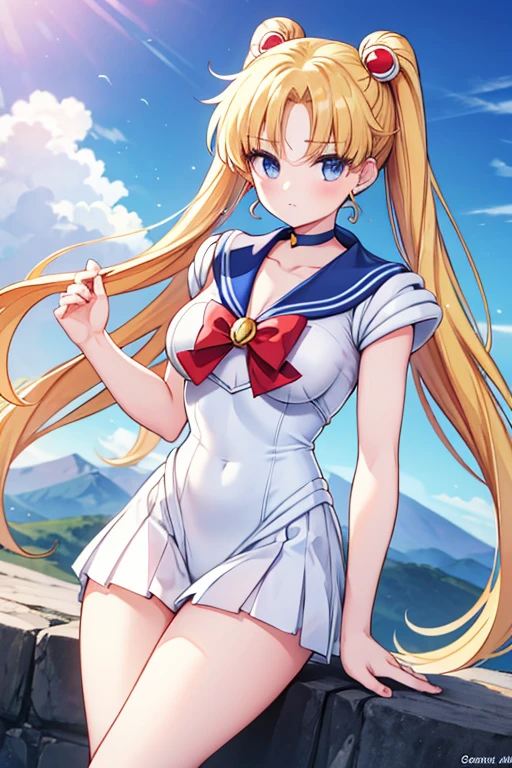 Une femme, 25 ans, cheveux longs, blond hairs, rousse, beaucoup de Détails, dans un volcan, sailor moon cosplay,