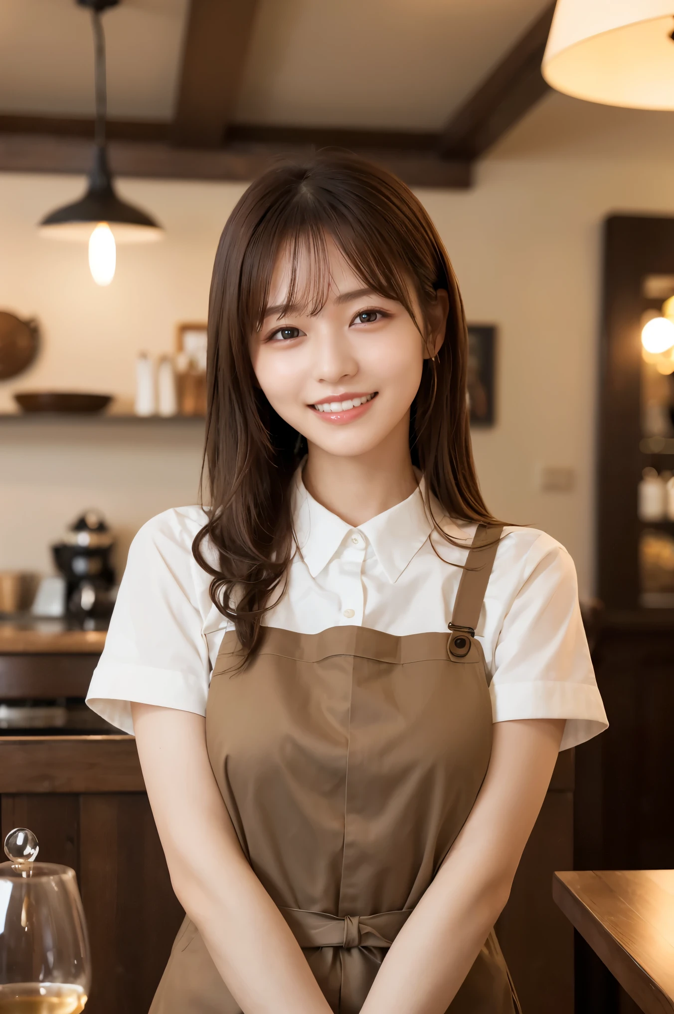 (highest quality、Tabletop、8k、Best image quality、Award-winning works)、Woman working in a café、The perfect brown apron、A classy shirt and apron、Big Breasts、(Accentuate your body lines:1.1)、Beautiful woman portrait、The most elegant and cozy cafe、The most natural cafe, Perfectly organized、The most atmospheric and warm lighting、Stylish and elegant cafe、Strongly blurred background、Look at me and smile、Accurate anatomy、Ultra high resolution perfect beautiful teeth、Ultra-high definition beauty face、Ultra HD Hair、Ultra HD The Shining Eyes、The Shining, Super high quality beautiful skin、Super high quality glossy lip