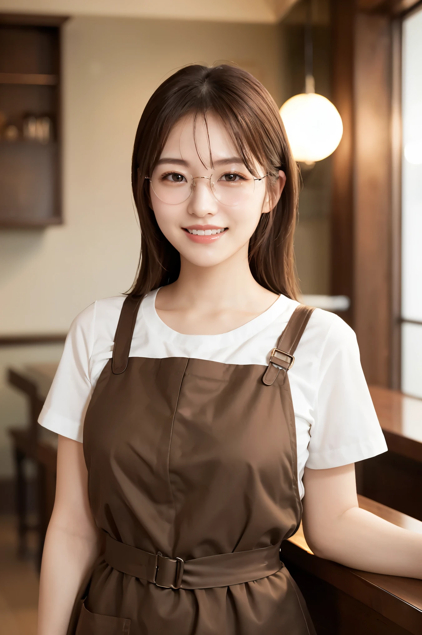 (highest quality、Tabletop、8k、Best image quality、Award-winning works)、Woman working in a café、The perfect brown apron、A classy shirt and apron、Big Breasts、(Accentuate your body lines:1.1)、Beautiful woman portrait、The most elegant and cozy cafe、The most natural cafe, Perfectly organized、The most atmospheric and warm lighting、Stylish and elegant cafe、Strongly blurred background、Look at me and smile、Accurate anatomy、Ultra high resolution perfect beautiful teeth、Ultra-high definition beauty face、Ultra HD Hair、Ultra HD The Shining Eyes、The Shining, Super high quality beautiful skin、Super high quality glossy lip、(Elegant round glasses:1.2)