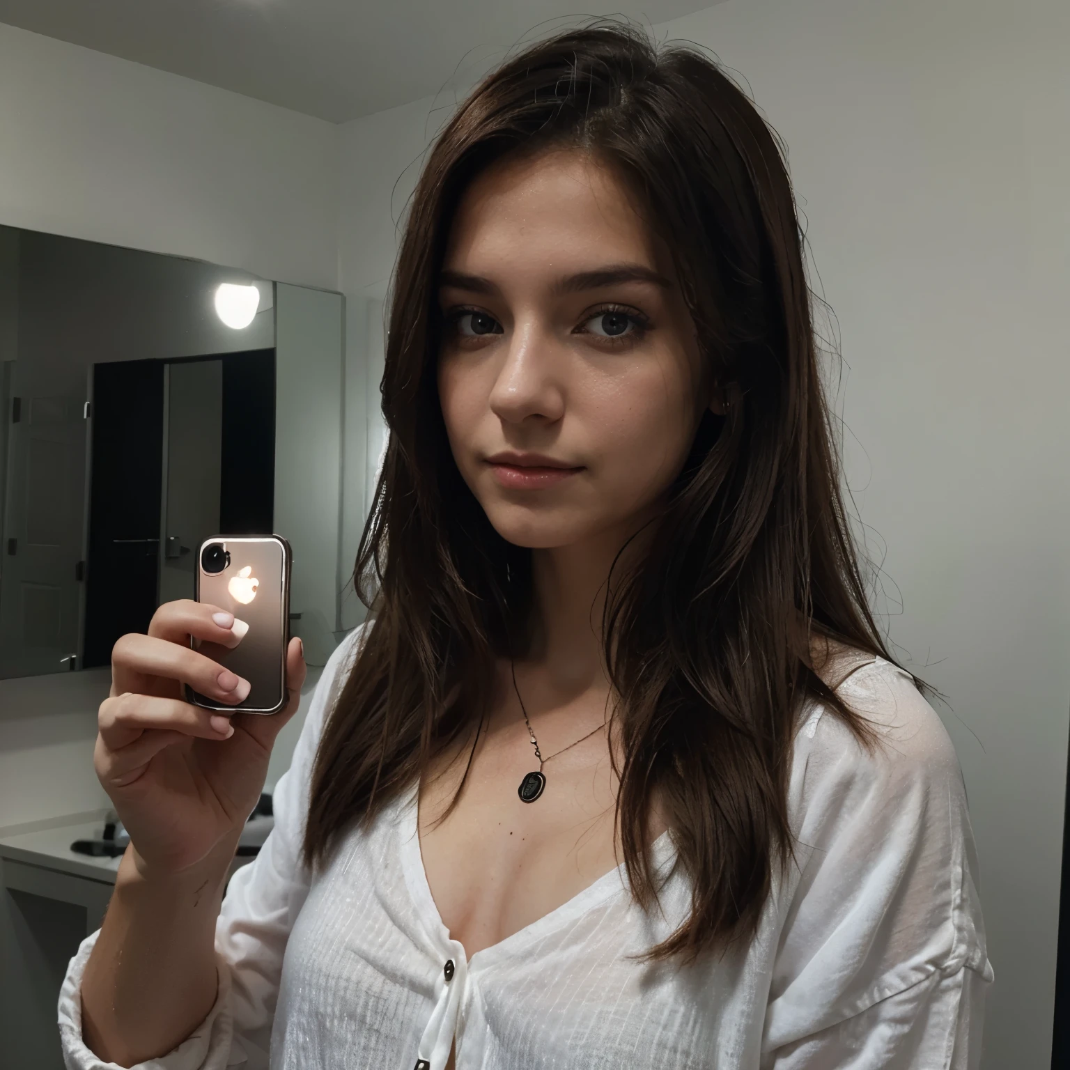 Realistisch, Spiegelbild mit iPhone, girl, dunkle Haare, snapchat, zeigt 3 Finger hoch