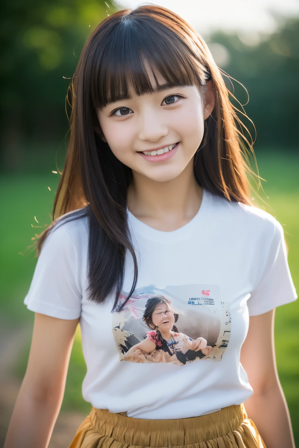 ((sfw: 1.4)), ((detailed face, professional photography)), ((sfw, , t-shirt, ruffled skirt, 1 Girl)), Ultra High Resolution, (Realistic: 1.4), RAW Photo, Best Quality, (Photorealistic Stick), Focus, Soft Light, ((************)),smile, ((Japanese)), (( (young face))), (surface), (depth of field), masterpiece, (realistic), woman, bangs, ((1 girl))