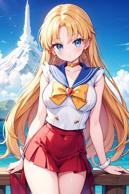 Une femme, 25 ans, cheveux longs, blond hairs, rousse, beaucoup de Détails, dans un volcan, sailor moon cosplay,