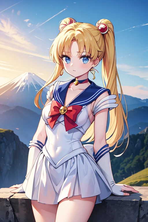 Une femme, 25 ans, cheveux longs, blond hairs, rousse, beaucoup de Détails, dans un volcan, sailor moon cosplay,