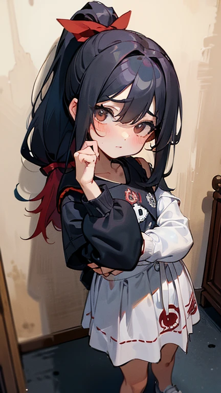 depression, Cabello negro ondulado, mirada penetrante con ojos profundos de color rojo, estatura promedio, Silky hair with a ponytail hairstyle collected with a red bow with two white lines, tiene pechos, copa de pechos a, small breasts, delgada, primer plano, Session, standing in the middle of his room [[[[llorando ]]]] LLORANDO, desconsolada, triste, deprimida, ropa desordenada, messy room clothes everywhere, depression, desastre, ojeras, pelo sucio y desordenado, mirada cansada , cuarto sumergido en la oscuridad , usando ropa olgada sin animos de estar viva