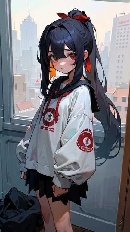 depression, Cabello negro ondulado, mirada penetrante con ojos profundos de color rojo, estatura promedio, Silky hair with a ponytail hairstyle collected with a red bow with two white lines, tiene pechos, copa de pechos a, small breasts, delgada, primer plano, Session, standing in the middle of his room [[[[llorando ]]]] LLORANDO, desconsolada, triste, deprimida, ropa desordenada, messy room clothes everywhere, depression, desastre, ojeras, pelo sucio y desordenado, mirada cansada , cuarto sumergido en la oscuridad , usando ropa olgada sin animos de estar viva