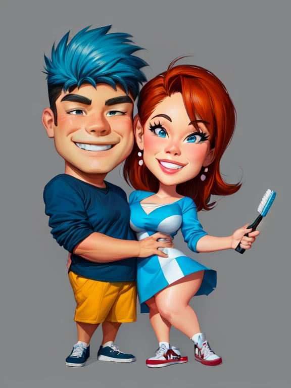 4k, Digital painting, Comic Babes, cartoon couple holding a toothbrush and smiling, caricature illustration, CARTOON ARTstyle, cartoon digital art, in cartoon style, cartoon digital painting, CARTOON ART style , digital art cartoon, CARTOON ART, cartoon style, Cartoon style illustration, happy couple, caricature, realistic cartoon, Cartoon digital painting art, caricaturist alarcón, cartoon portrait, caricature