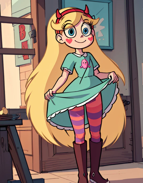 starbutterfly, 1girl, blonde hair, horned headwear, hairband, long hair, solo, heart, blue eyes, facial mark, very long hair,teal dress,striped pantyhose,boots,   , blush stickers,looking at viewer, smile,  standing , upskirt view, upskirt focus, skirt lift,