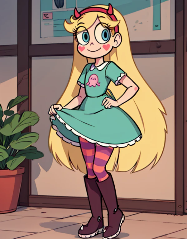 starbutterfly, 1girl, blonde hair, horned headwear, hairband, long hair, solo, heart, blue eyes, facial mark, very long hair,teal dress,striped pantyhose,boots,   , blush stickers,looking at viewer, smile,  standing , upskirt view, upskirt focus, skirt lift,