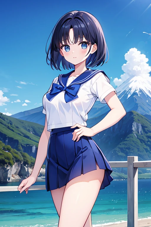 Une femme, 25 ans, cheveux longs, black hairs, rousse, beaucoup de Détails, dans un volcan, sailor mercury cosplay,