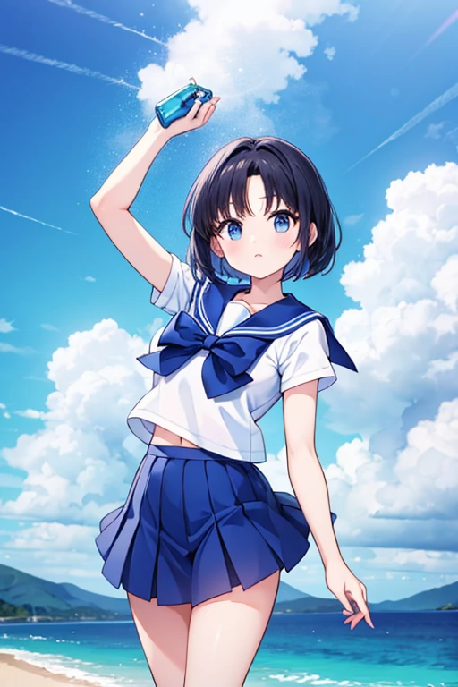 Une femme, 25 ans, cheveux longs, black hairs, rousse, beaucoup de Détails, dans un volcan, sailor mercury cosplay,