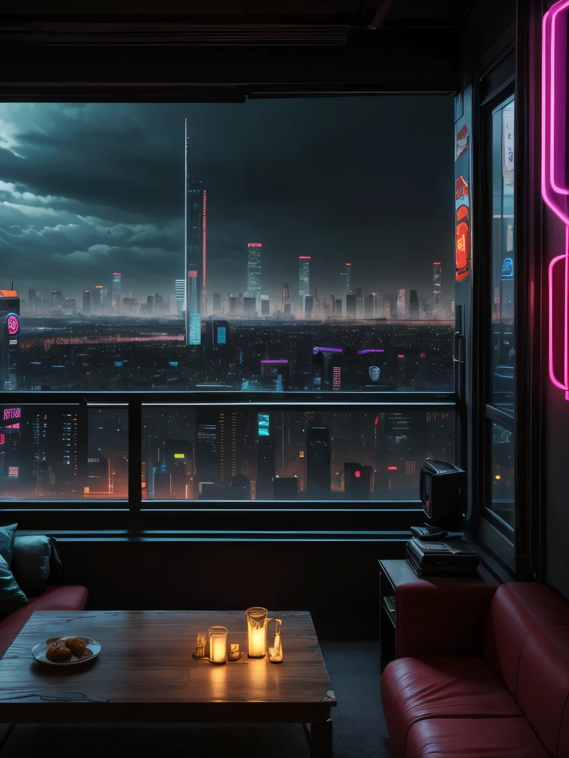 Generate a warm, cozy Victorian interior with a large window directly across from the camera. Through the window is a massive (((cyberpunk cityscape))) with (neon lights), highly detailed buildings, and colorful accents. The window and cityscape are important and should be focal points of the image. The room offers a sanctuary from the busy details of everyday life. This image should contrast quiet interiors with vibrant, busy, dynamic exteriors.