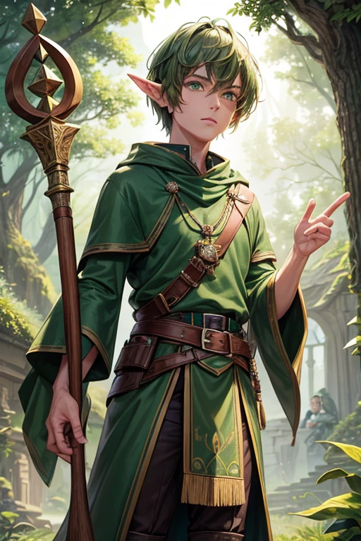 30 year old elf man with short brown hair with green tips, short messy hairstyle with fringes, pointed elf ears, light green druid medieval knight clothing, jade root ornaments, green eyes holding a staff with the emblem of Emerald jewels, brown boots, brown leather belt. roots decorations on the belt, forest background with magic symbols