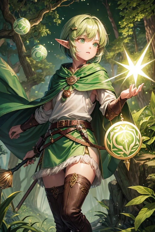 30 year old elf man with short brown hair with green tips, short messy hairstyle with fringes, pointed elf ears, light green druid medieval knight clothing, jade root ornaments, green eyes holding a staff with the emblem of Emerald jewels, brown boots, brown leather belt. roots decorations on the belt, forest background with magic symbols