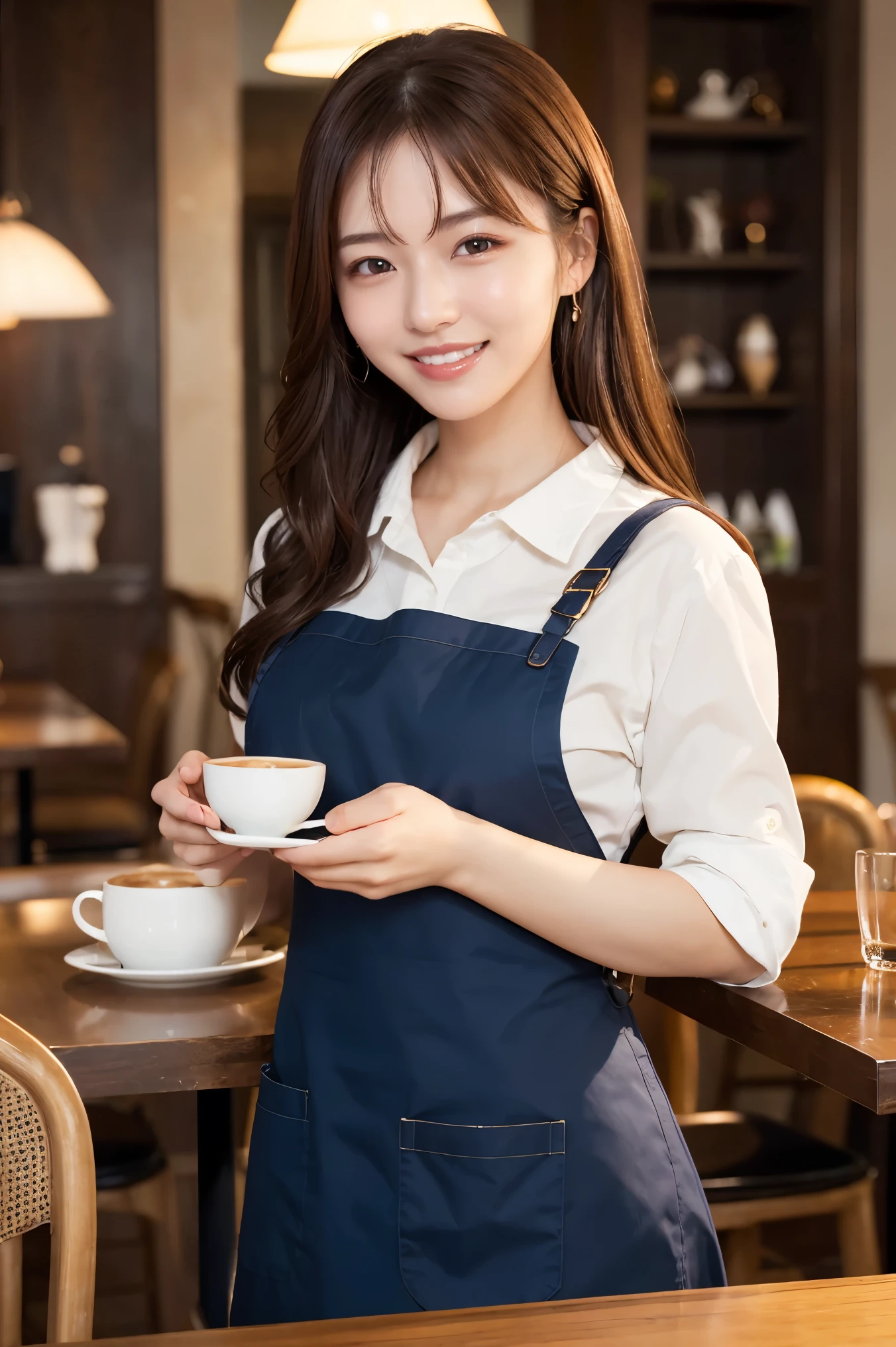 (highest quality、Tabletop、8k、Best image quality、Award-winning works)、Woman working in a café、The perfect brown apron、A classy shirt and apron、Big Breasts、(Accentuate your body lines:1.1)、Beautiful woman portrait、The most elegant and cozy cafe、The most natural cafe, Perfectly organized、The most atmospheric and warm lighting、Stylish and elegant cafe、Strongly blurred background、Look at me and smile、Accurate anatomy、Ultra high resolution perfect beautiful teeth、Ultra-high definition beauty face、Ultra HD Hair、Ultra HD The Shining Eyes、The Shining, Super high quality beautiful skin、Super high quality glossy lip