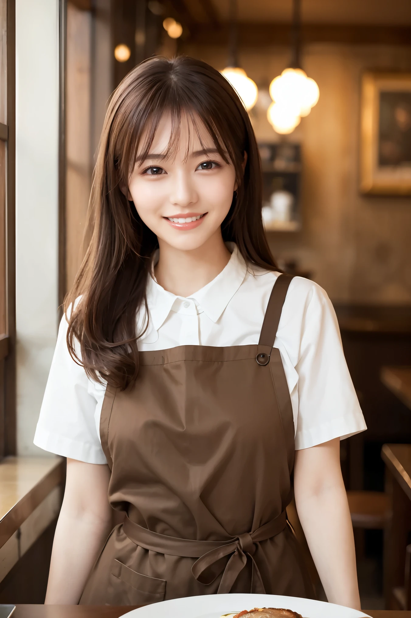 (highest quality、Tabletop、8k、Best image quality、Award-winning works)、Woman working in a café、The perfect brown apron、A classy shirt and apron、Big Breasts、(Accentuate your body lines:1.1)、Beautiful woman portrait、The most elegant and cozy cafe、The most natural cafe, Perfectly organized、The most atmospheric and warm lighting、Stylish and elegant cafe、Strongly blurred background、Look at me and smile、Accurate anatomy、Ultra high resolution perfect beautiful teeth、Ultra-high definition beauty face、Ultra HD Hair、Ultra HD The Shining Eyes、The Shining, Super high quality beautiful skin、Super high quality glossy lip