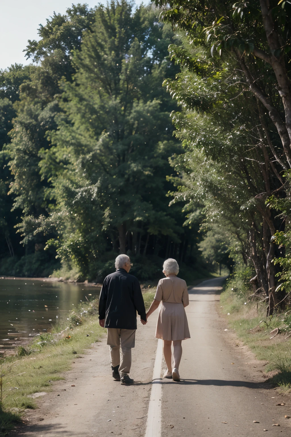 A grandmother and grandfather walk through a dense forest with a view of the river on the side of the road.