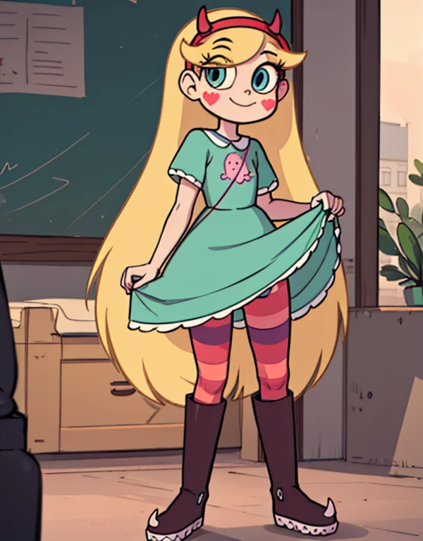 starbutterfly, 1girl, blonde hair, horned headwear, hairband, long hair, solo, heart, blue eyes, facial mark, very long hair,teal dress,striped hose,boots, , blush stickers,looking at viewer, smile, standing , upski, upskirt focut lift, cameltoe, panties lines on pa, pantyshot