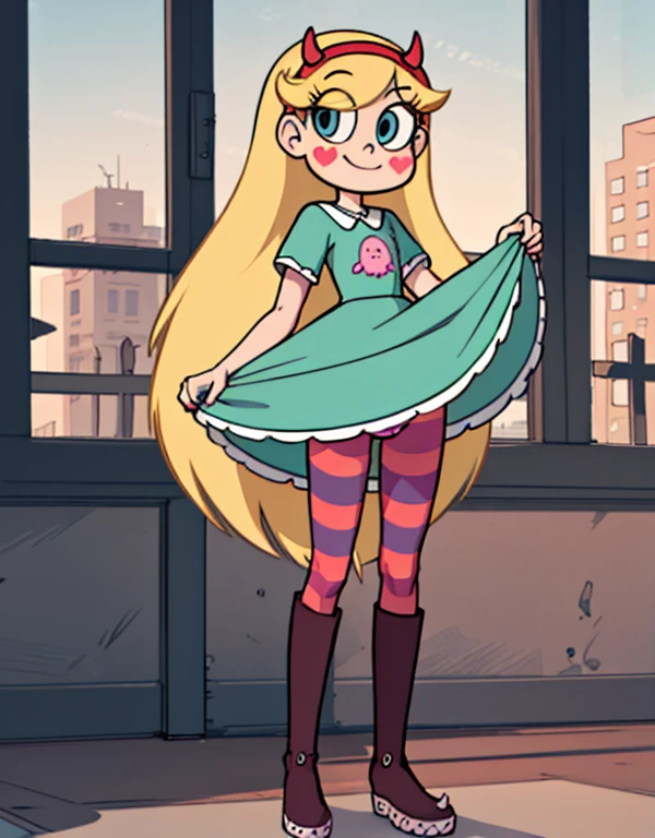 starbutterfly, 1girl, blonde hair, horned headwear, hairband, long hair, solo, heart, blue eyes, facial mark, very long hair,teal dress,striped pantyhose,boots,   , blush stickers,looking at viewer, smile,  standing , upskirt view, upskirt focus, skirt lift, cameltoe, panties lines on pantyhose, pantyshot 