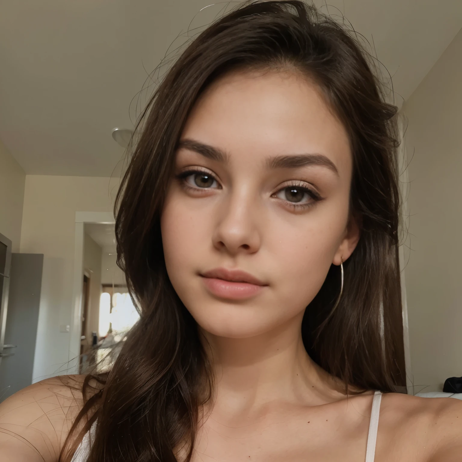 Photo of a 20 year old brunette woman, that has a very natural face, thin lips, thin eyes, thin eyebrows, thin nose, earrings, long eyelashes. She makes a cute selfie 
