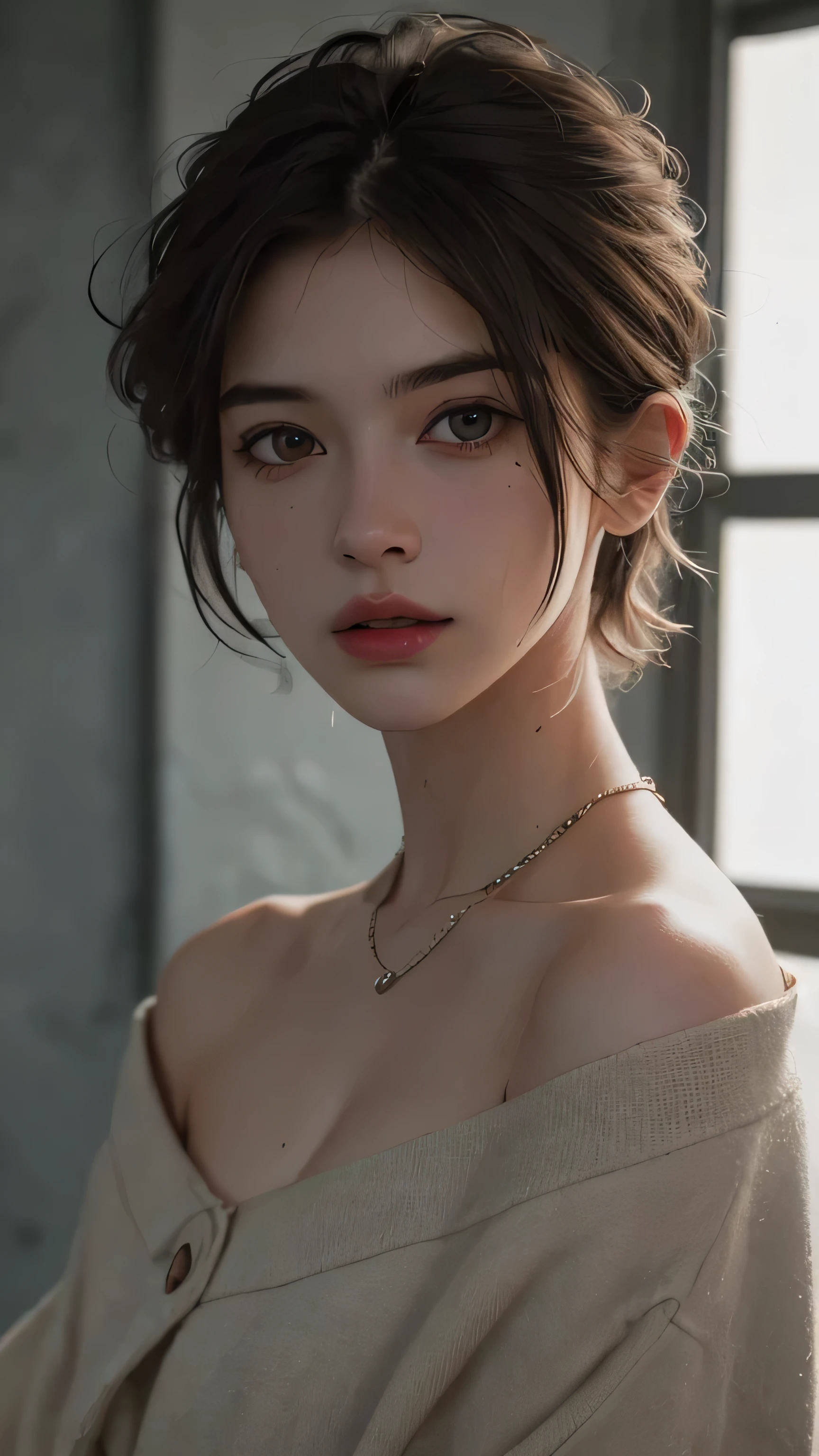 Best quality, masterpiece, ultra high res, (photorealistic:1.5), raw photo, 1girl, offshoulder, in the dark, deep shadow, low key, cold light, sexy look, short hair