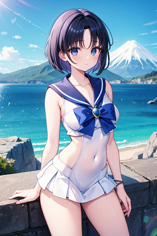 Une femme, 25 ans, cheveux longs, black hairs, rousse, beaucoup de Détails, dans un volcan, sailor mercury cosplay,